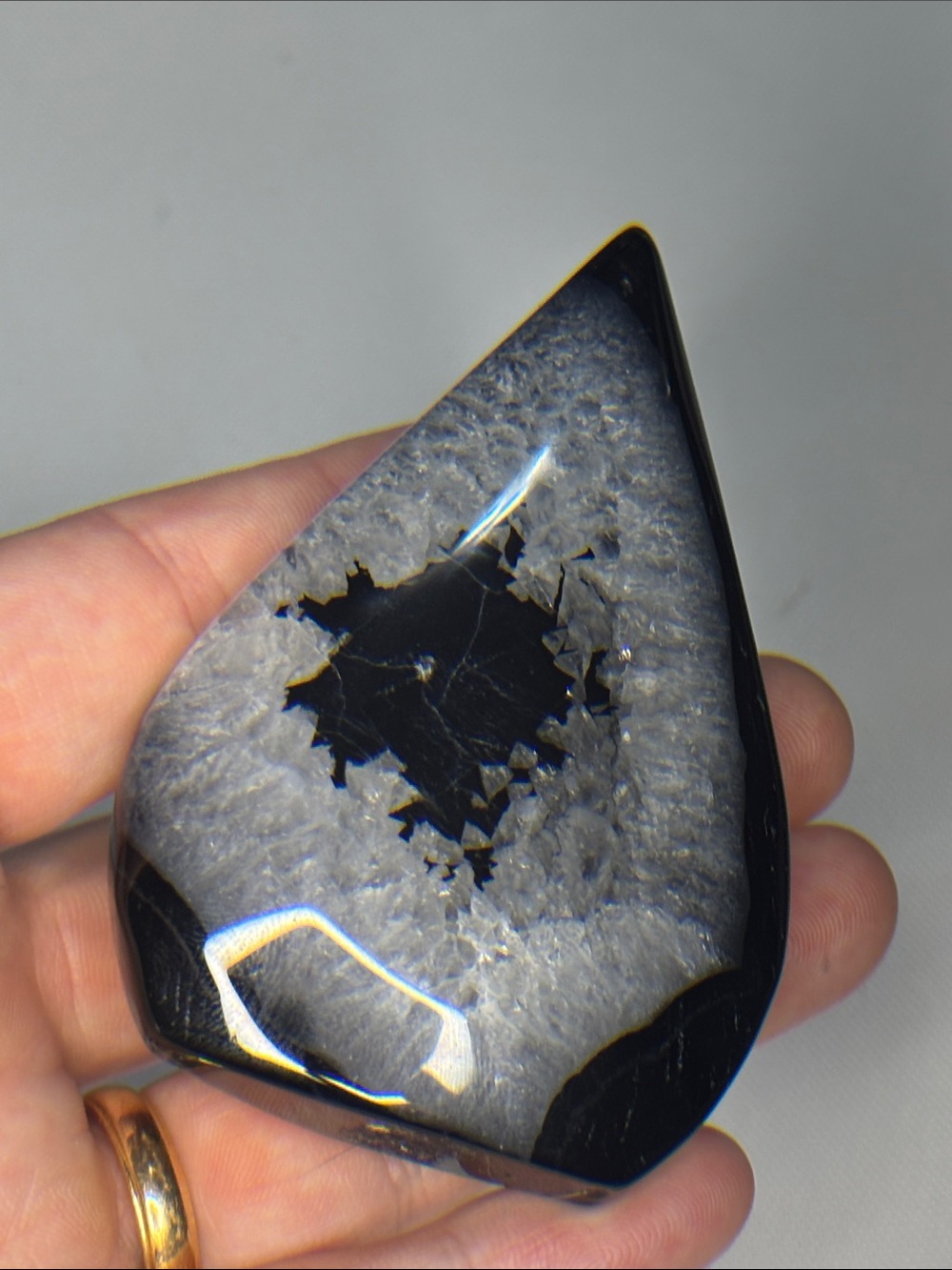 Teardrop Black and Gray Druzy Agate Onyx Palm Stone